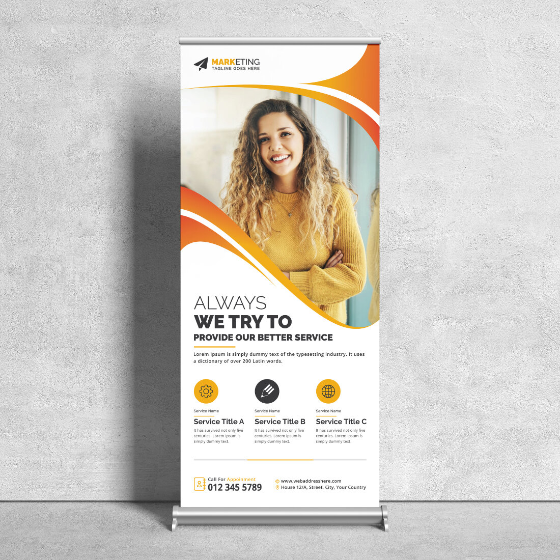 Image of corporate roll up banner in irresistible yellow design