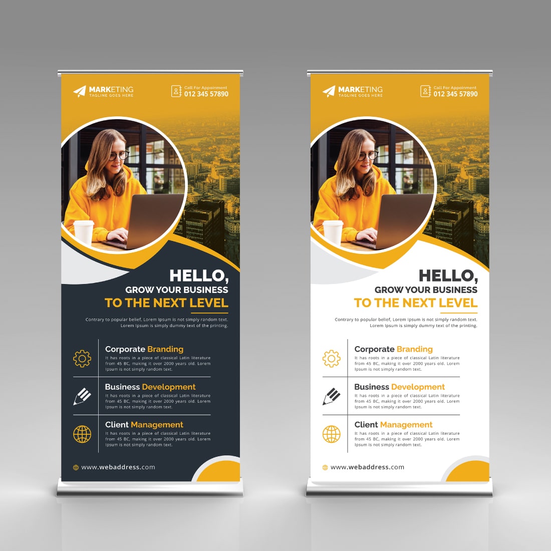 Image of corporate roll up banner in exquisite yellow design