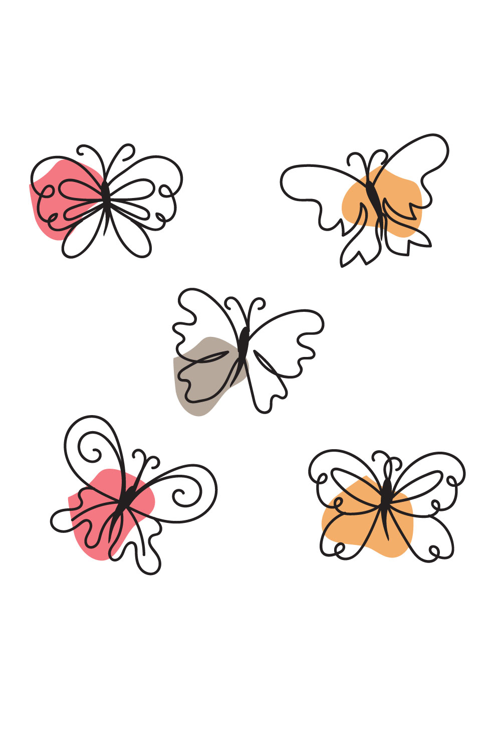 Group of four different colored butterflies on a white background.
