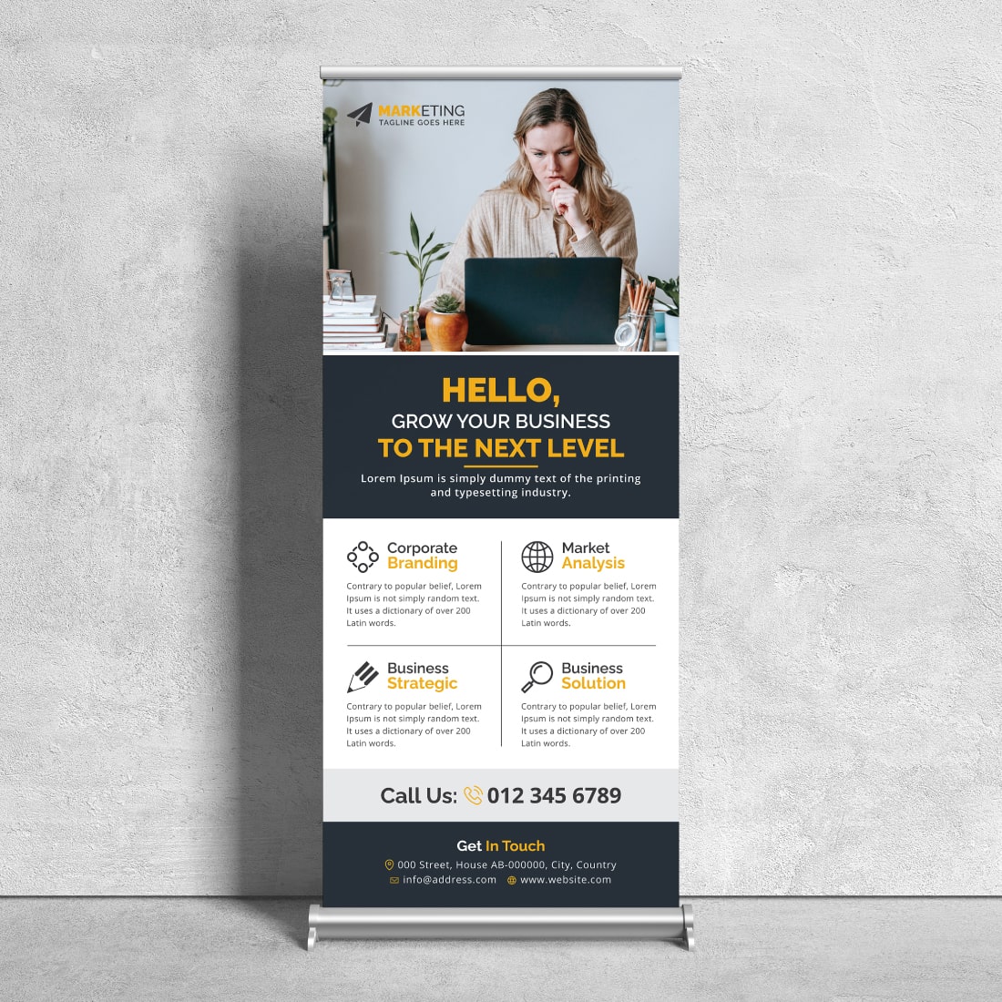 Image of corporate roll up banner in irresistible yellow design