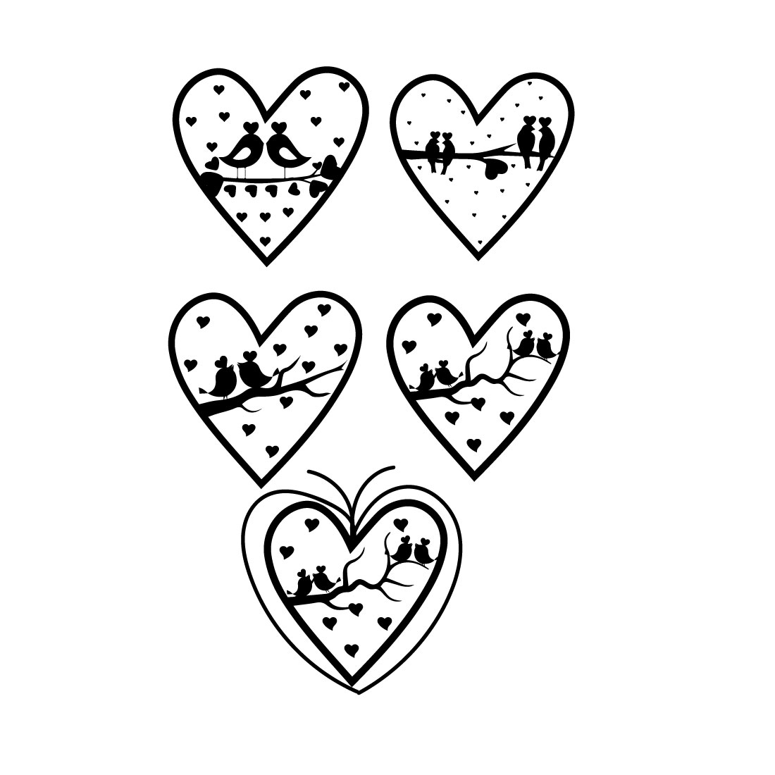 Four hearts with birds in the middle of them.
