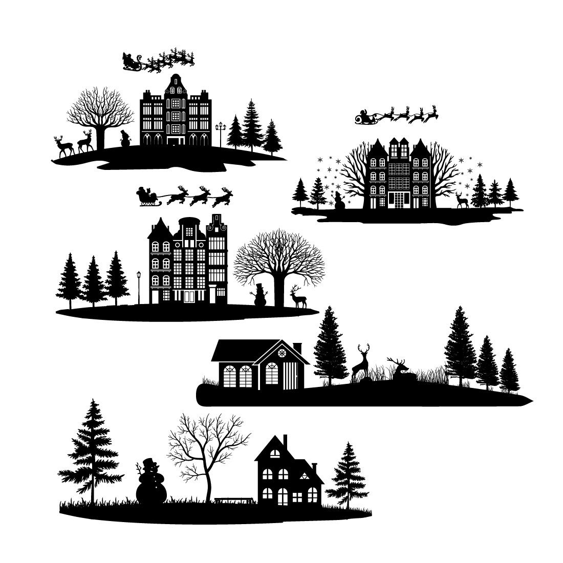 Set of enchanting images of silhouettes of Christmas houses
