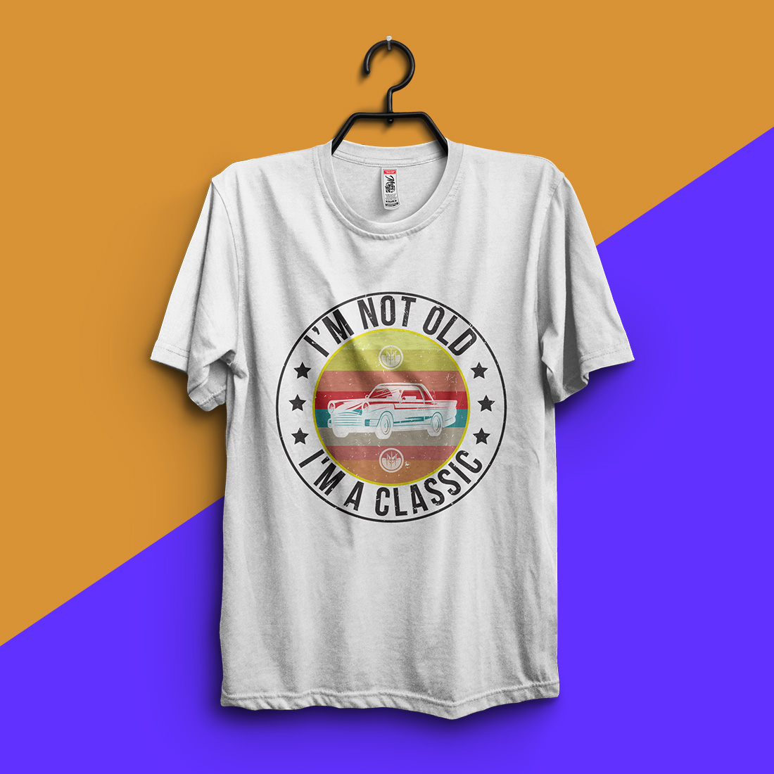Image of white t-shirt with colorful retro car print