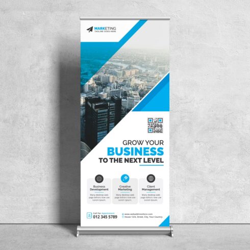 Image of a corporate roll up banner in a gorgeous blue design