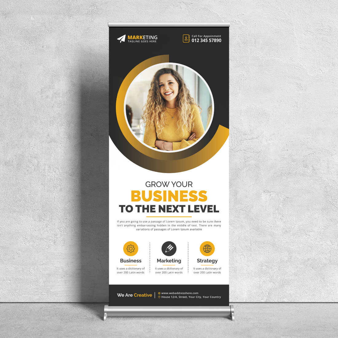 Image of corporate roll up banner in charming yellow design