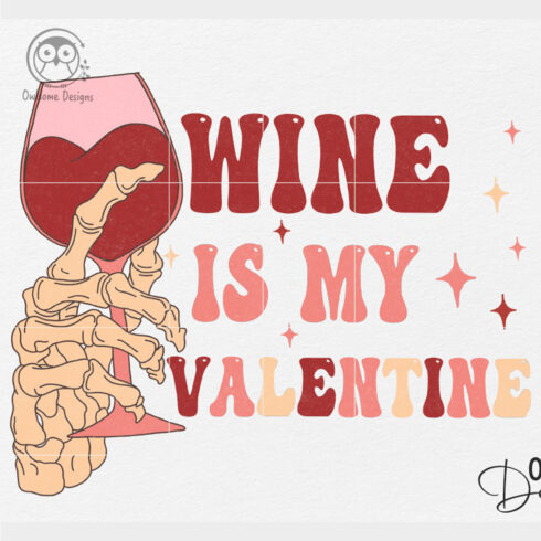 Adorable image of a skeleton hand with a glass of wine.