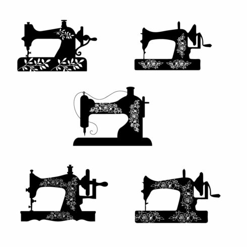 Set of exquisite images of silhouettes of sewing machines