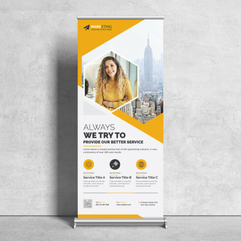 Image of corporate roll up banner in colorful yellow design