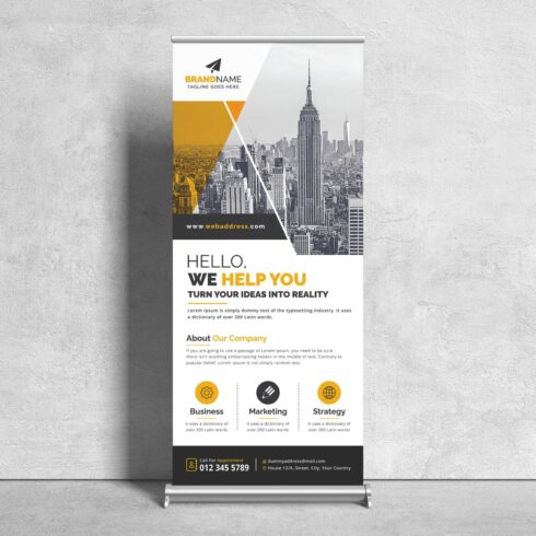 Image of corporate roll up banner in gorgeous yellow design