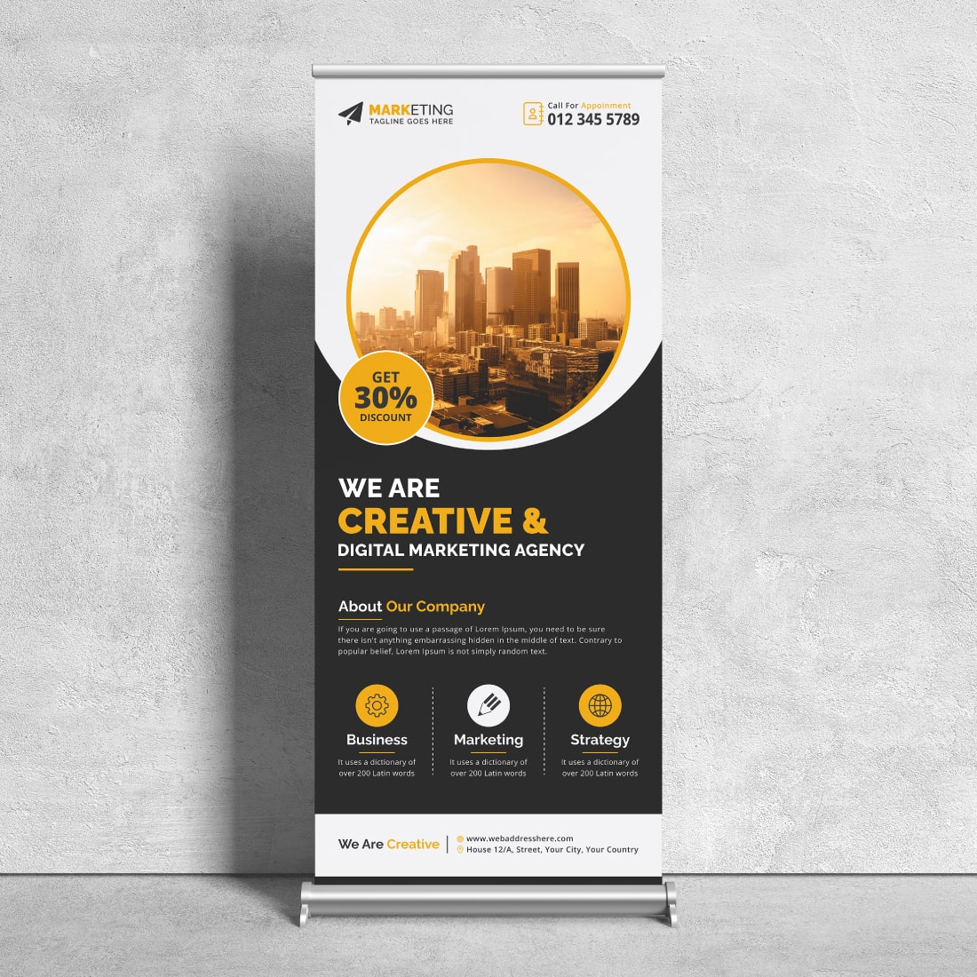 Image of corporate roll up banner in colorful yellow design