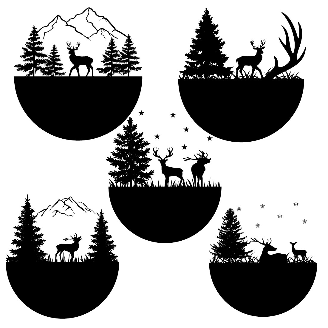 Set of four silhouettes of deer in the woods.