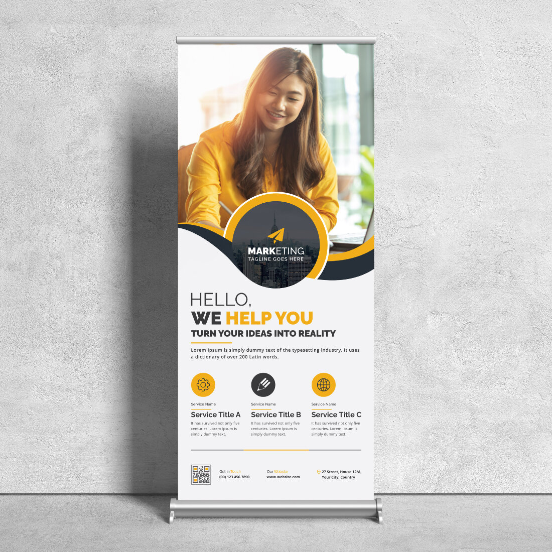 Image of corporate roll up banner in enchanting yellow design