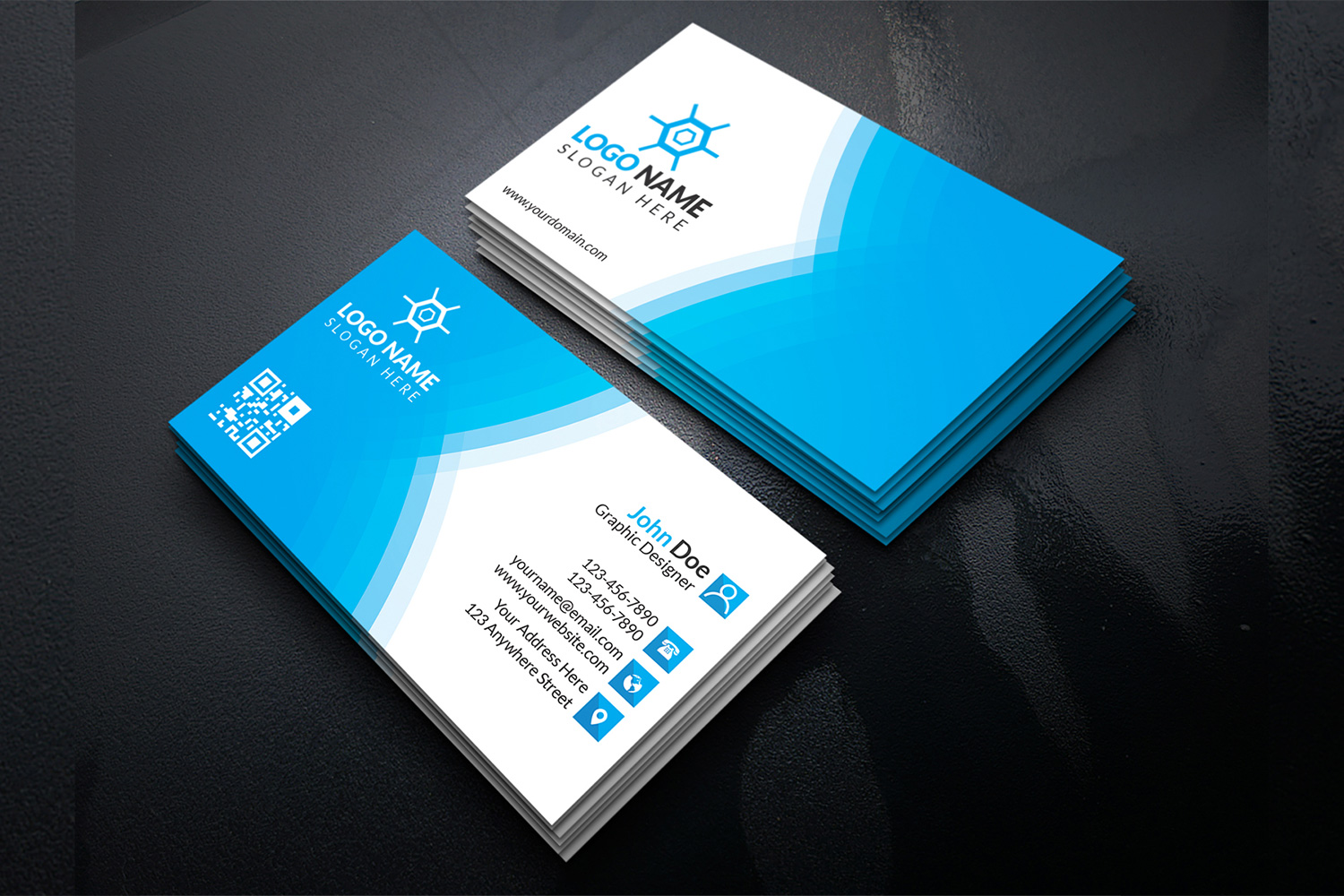 Blue and white business card.