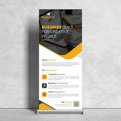 Image of corporate roll up banner in irresistible yellow design
