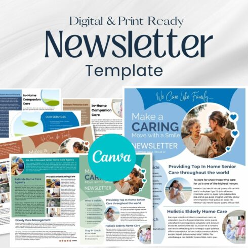 Elderly Care Business Canva Newsletter Template cover image.