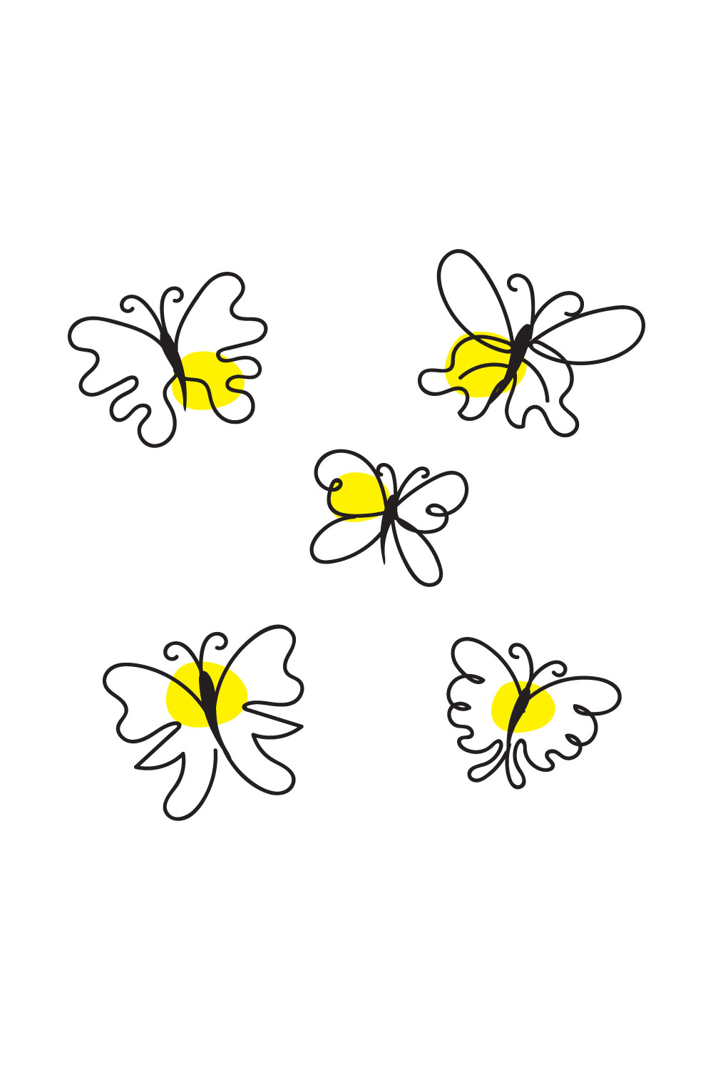 Four yellow and black butterflies on a white background.