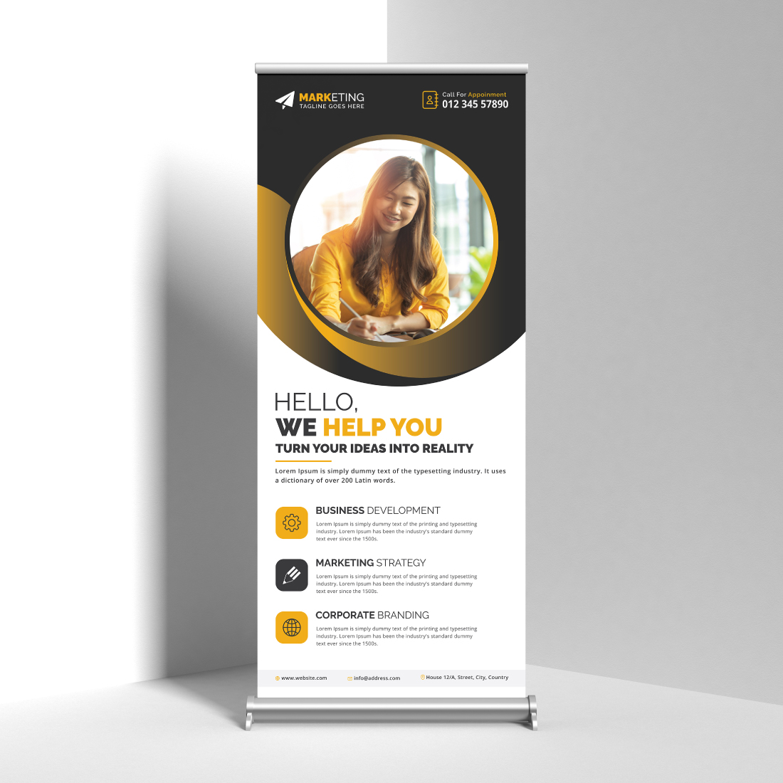 Image of corporate roll up banner in colorful yellow design