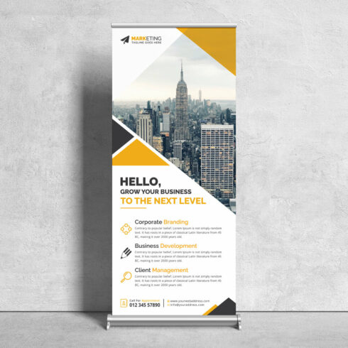 Image of corporate roll up banner in gorgeous yellow design