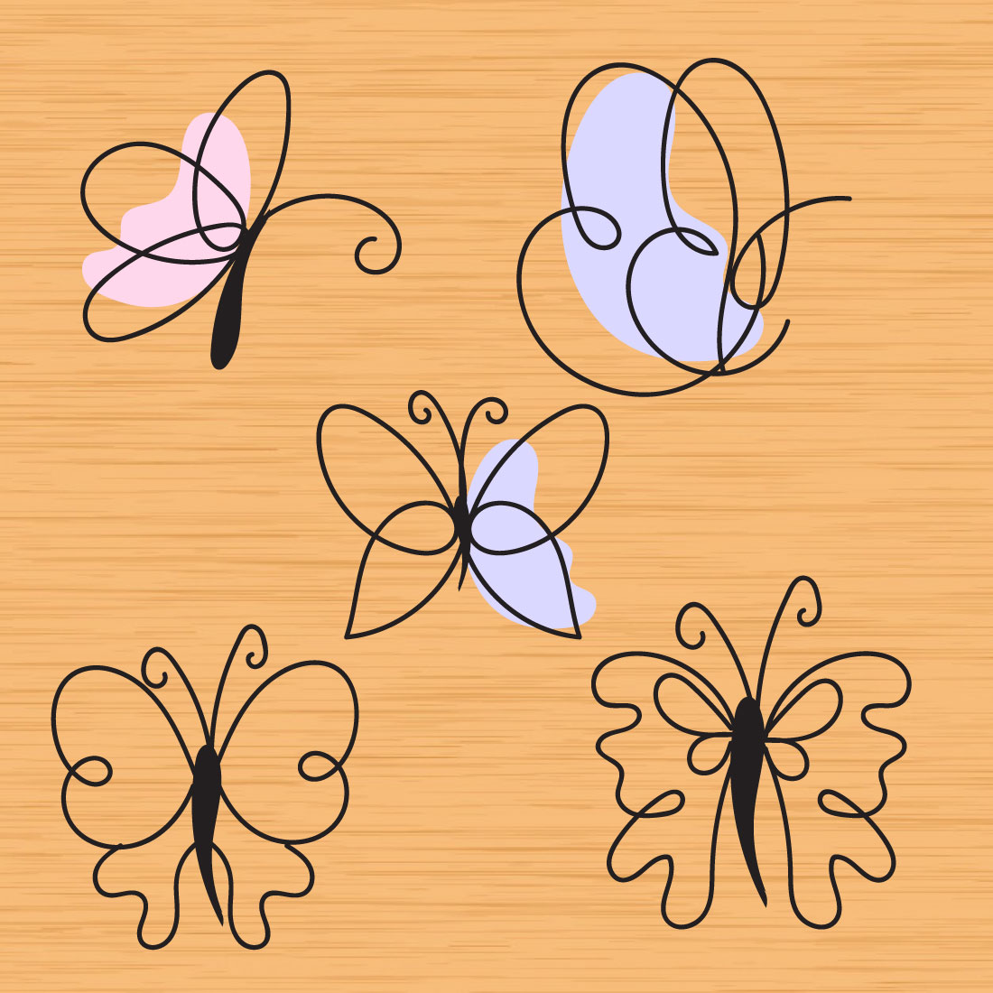 Wooden surface with four butterflies on it.