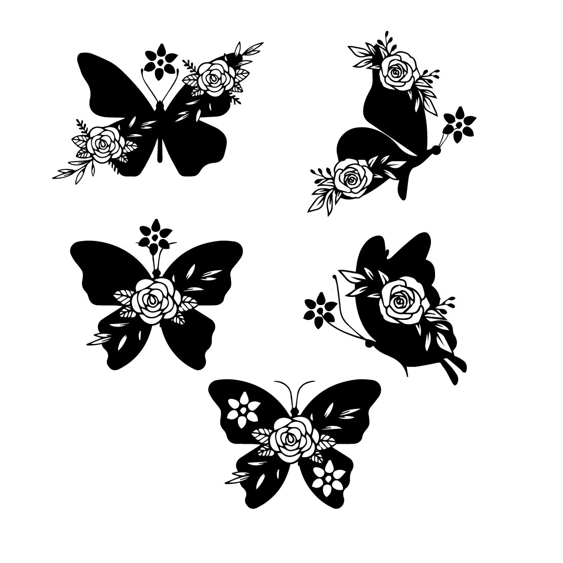 Set of four black and white butterflies.