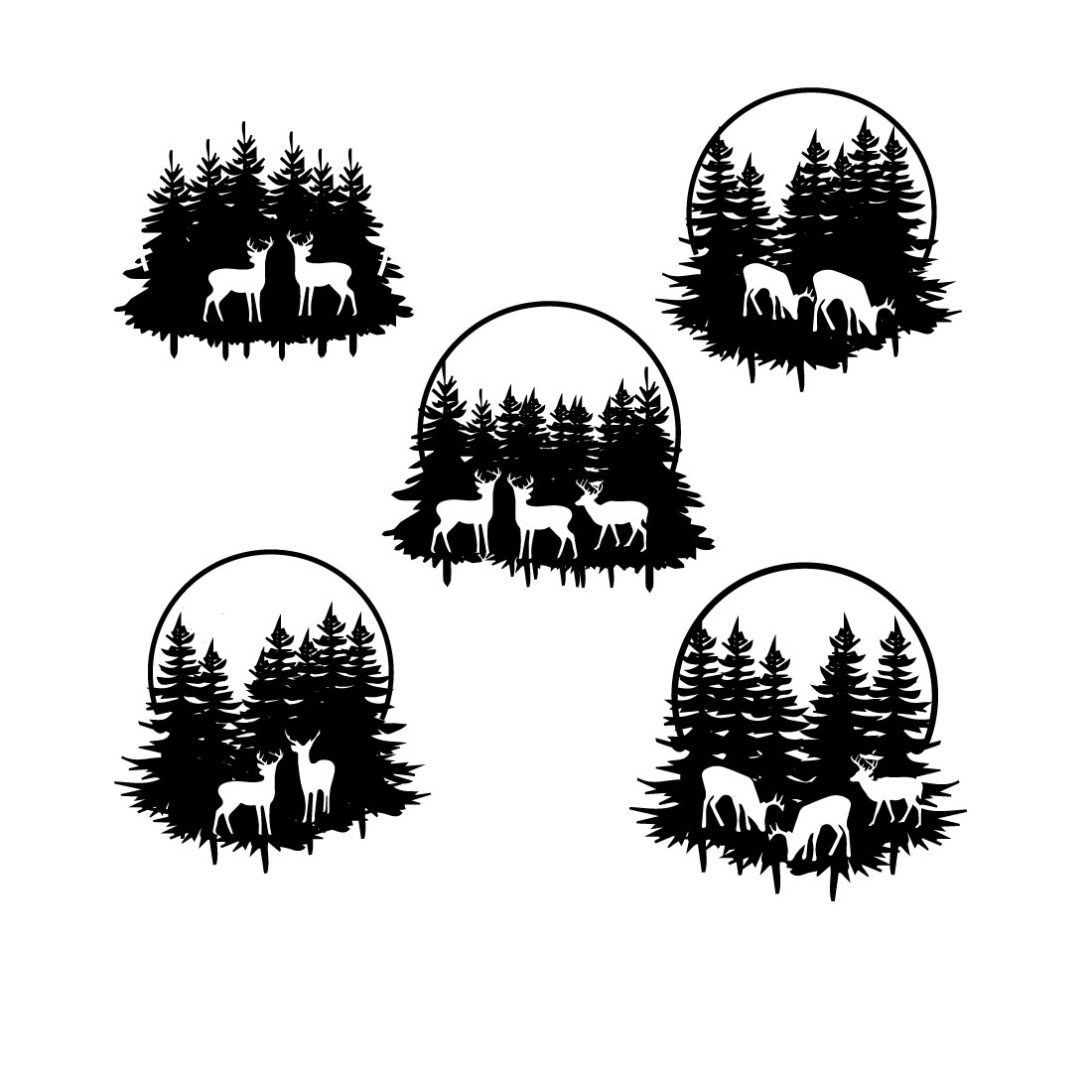 Set of four black and white deer silhouettes.