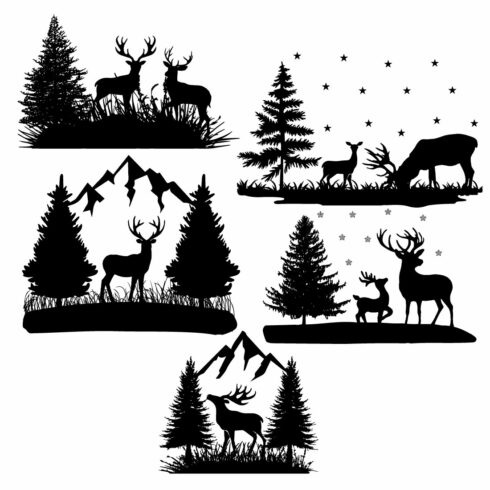 Set of four silhouettes of deer and trees.