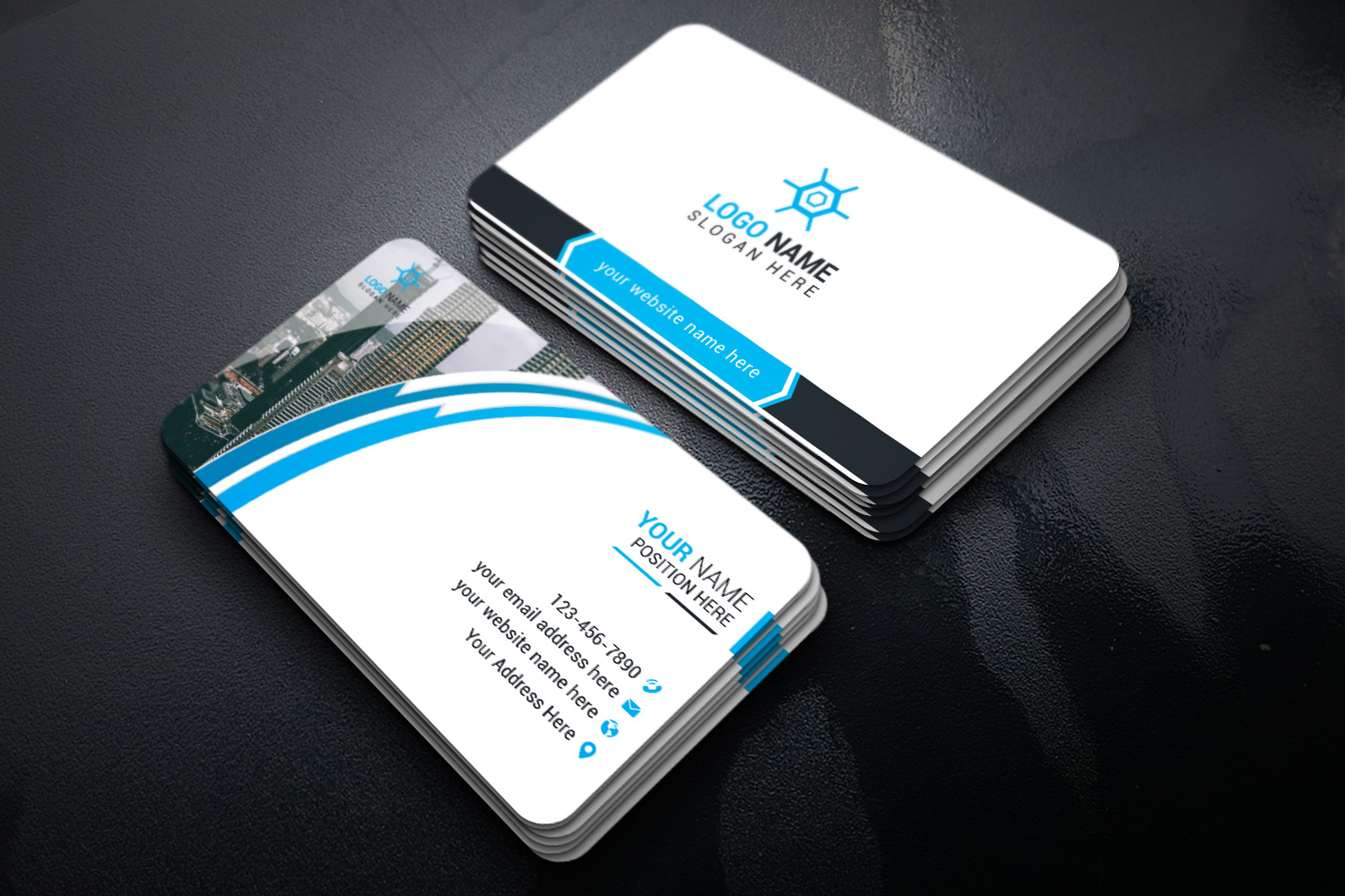 Light business card with soft blue lines.