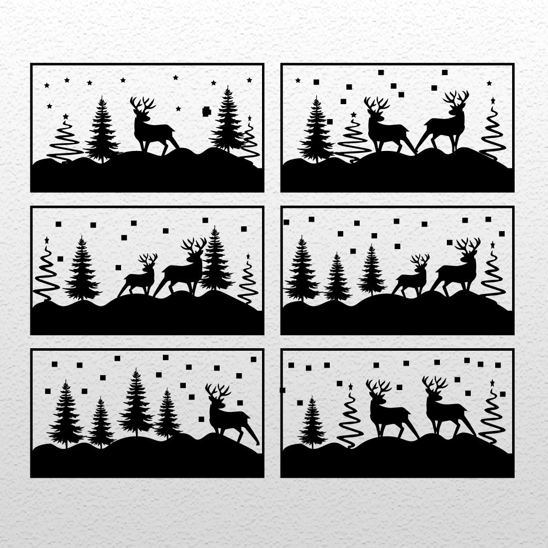 Pack of exquisite images of silhouettes of deer in a clearing