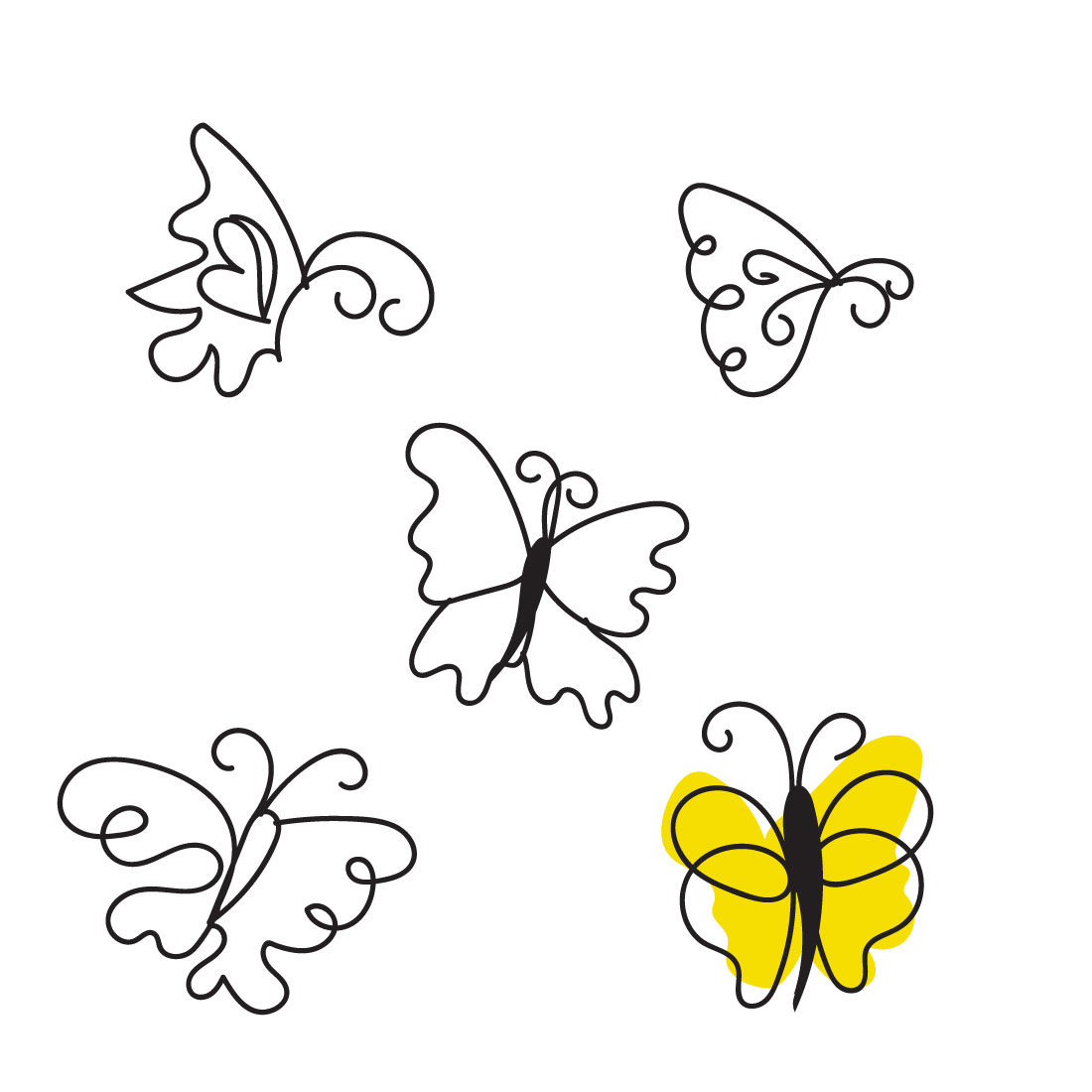 Group of four butterflies flying through the air.