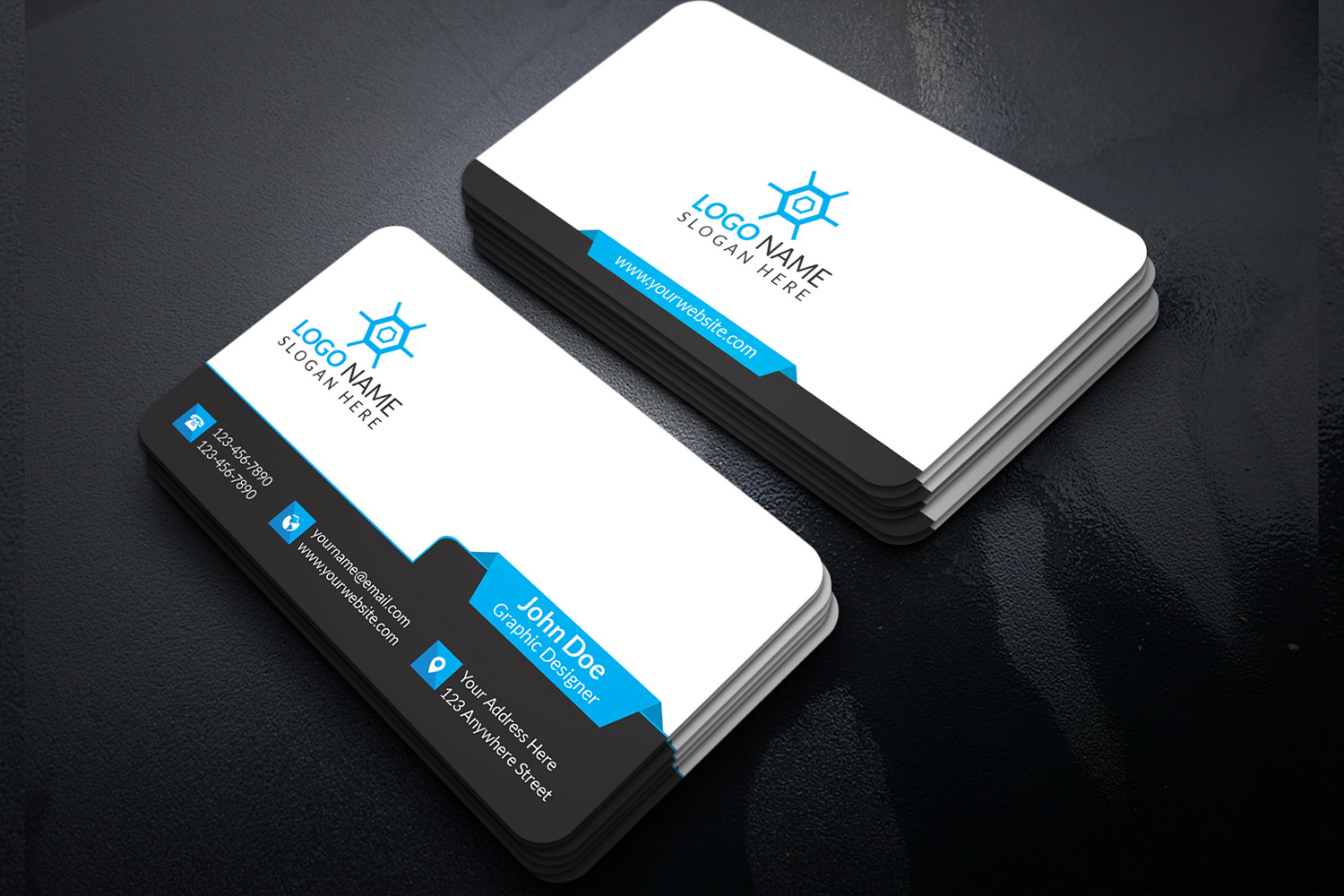 White business cards with blue lines.