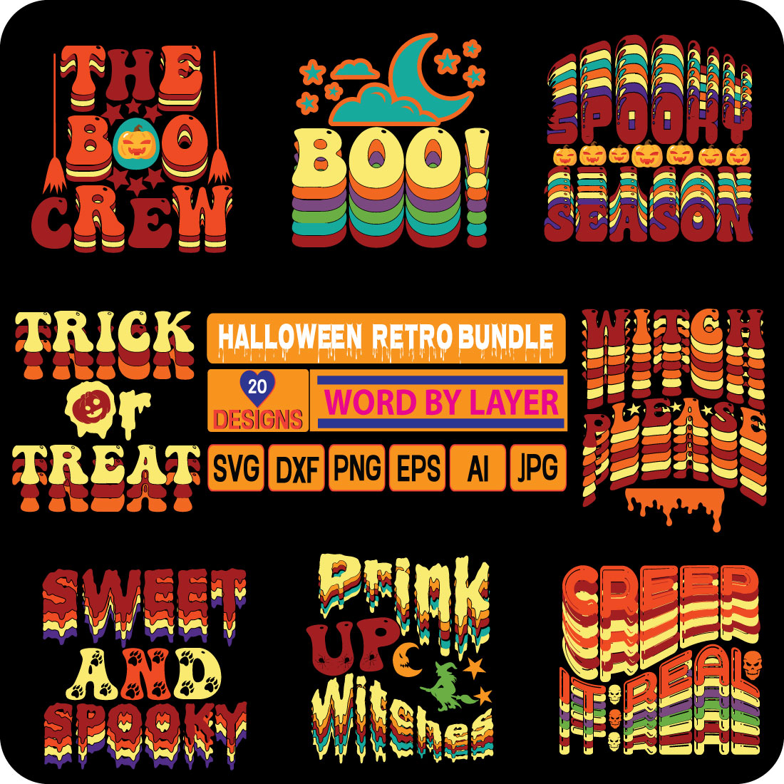 Retro Halloween SVG Bundle main cover.
