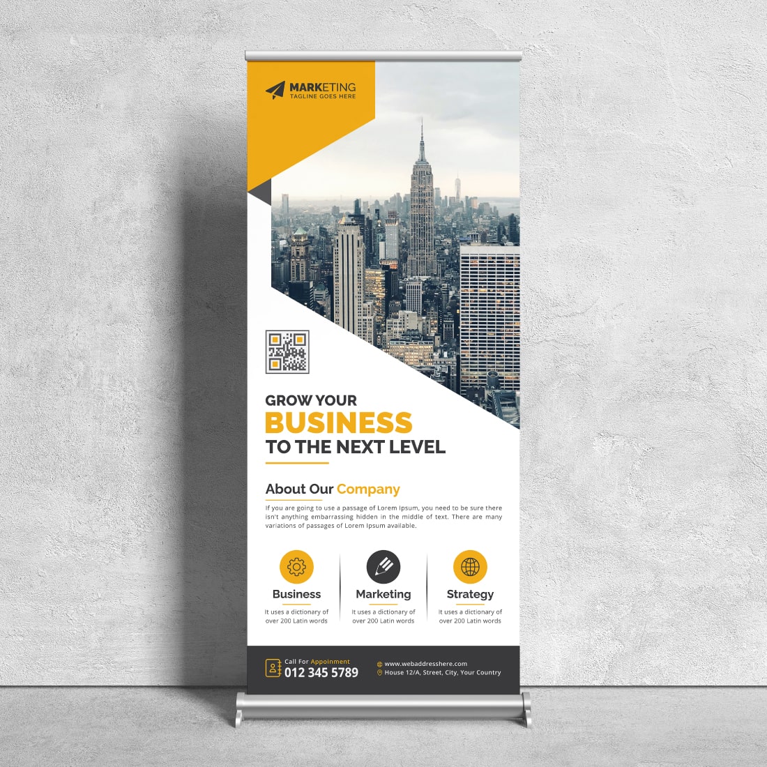 Image of corporate roll up banner in gorgeous yellow design