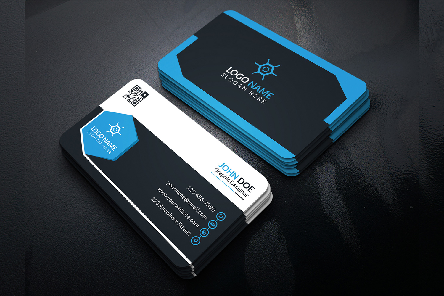 Stylish business cards in blue and black colors.
