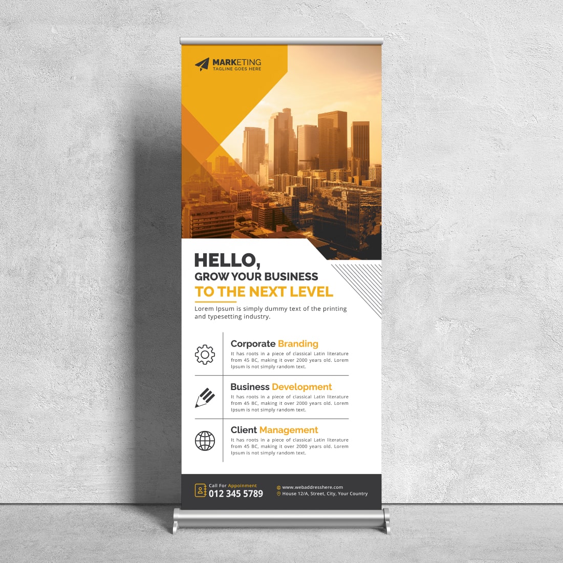 Image of corporate roll up banner in gorgeous yellow design