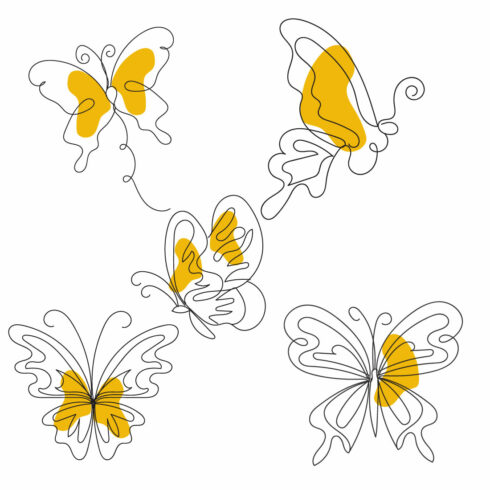 Set of four butterflies with yellow wings.
