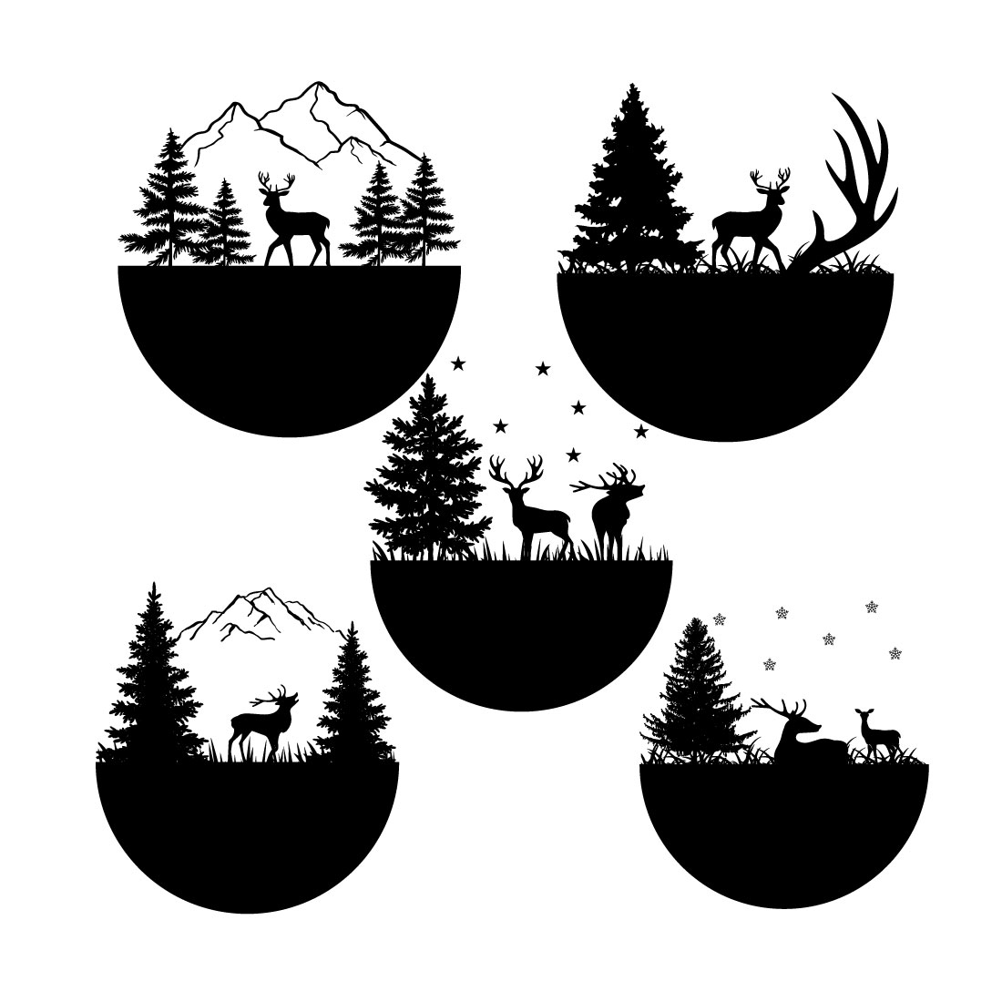 Set of four black and white silhouettes of trees and deer.