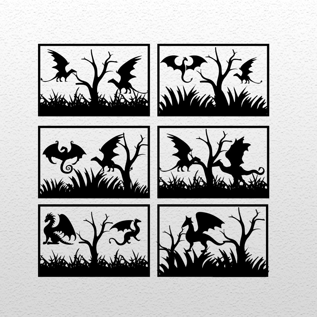 Set of four black and white silhouettes of animals.