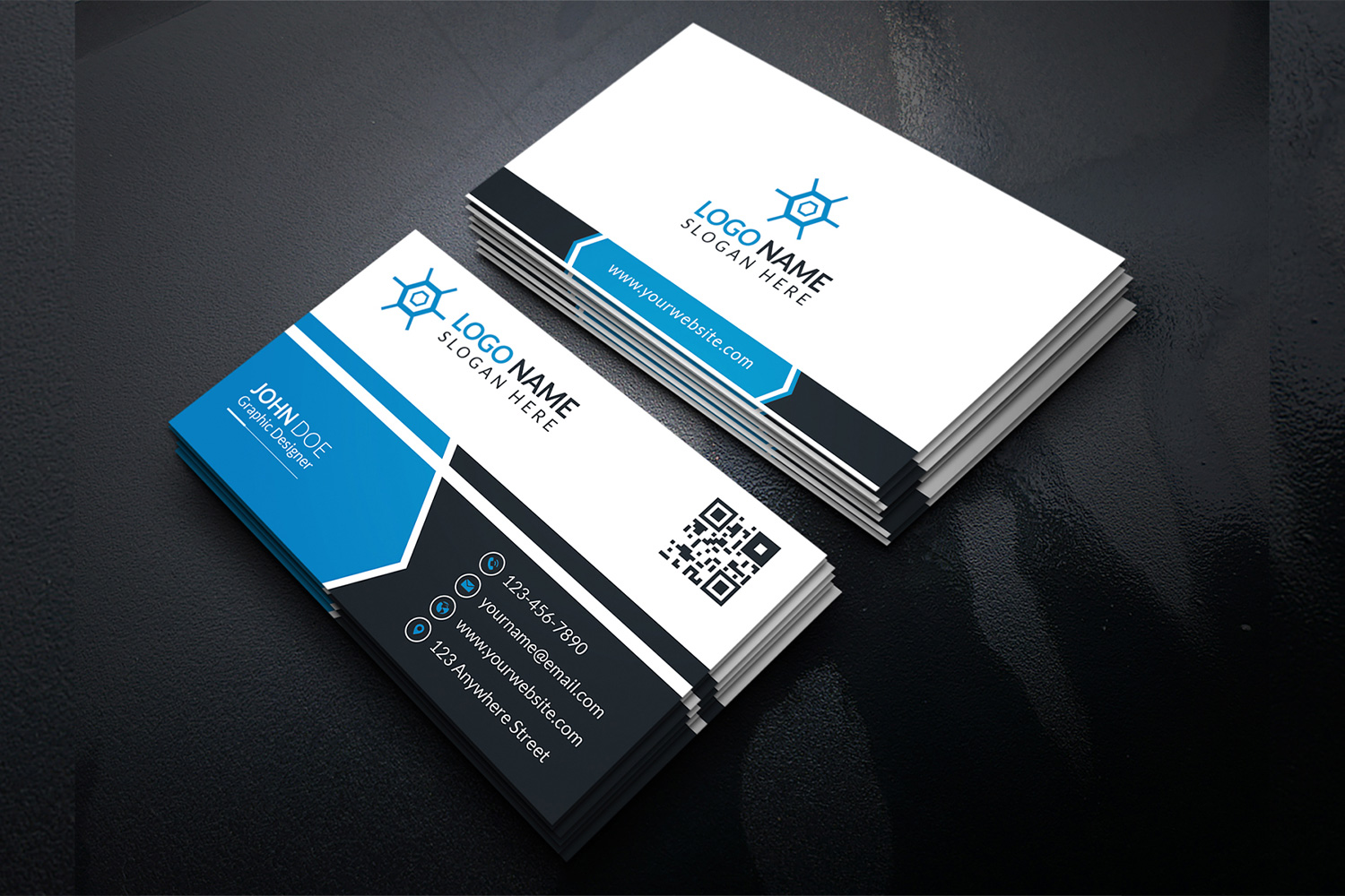 Light business card with blue elements.