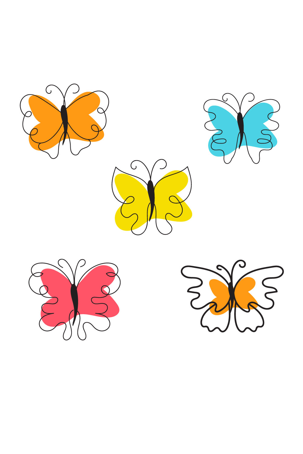 Group of four colorful butterflies on a white background.