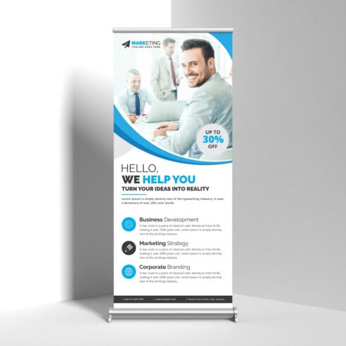 Image of a corporate roll up banner in a unique blue design