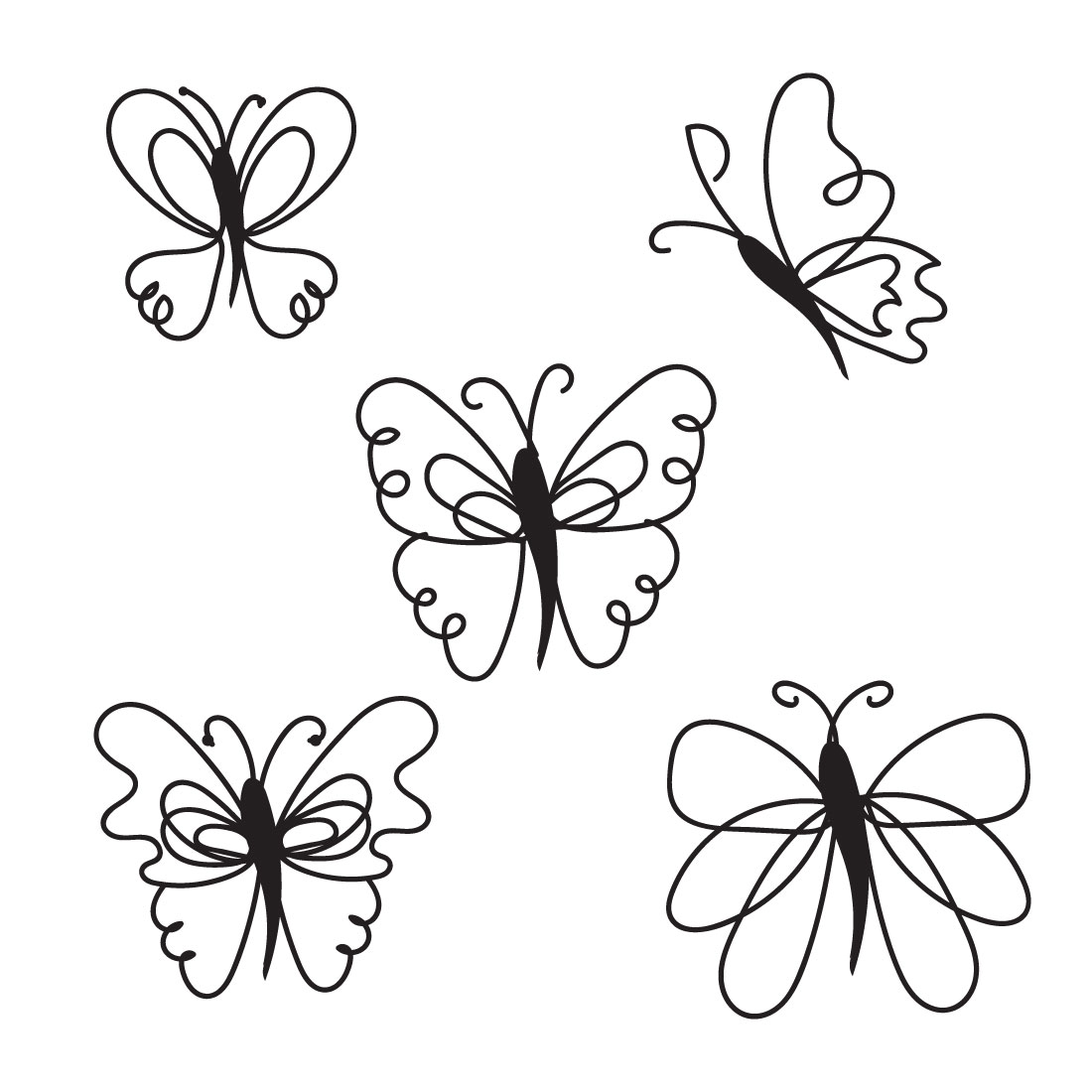 Four black and white butterflies on a white background.