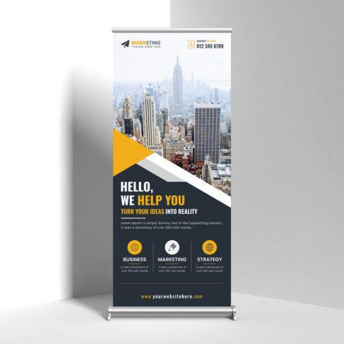 Image of corporate roll up banner in gorgeous yellow design