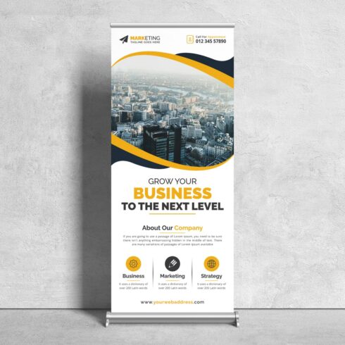 Image of corporate roll up banner in gorgeous yellow design