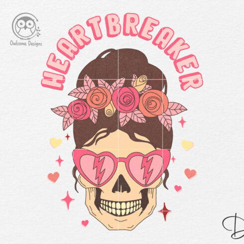 Charming image with a female skull in pink glasses.