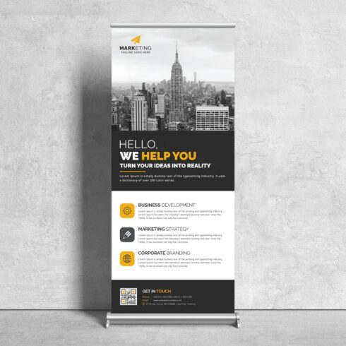 Image of corporate roll up banner in gorgeous yellow design