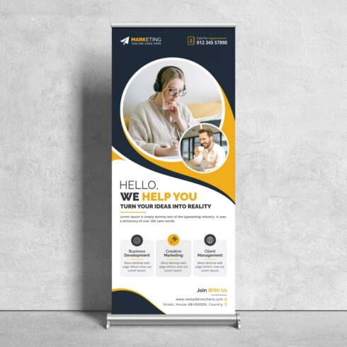 Image of corporate roll up banner in exquisite yellow design