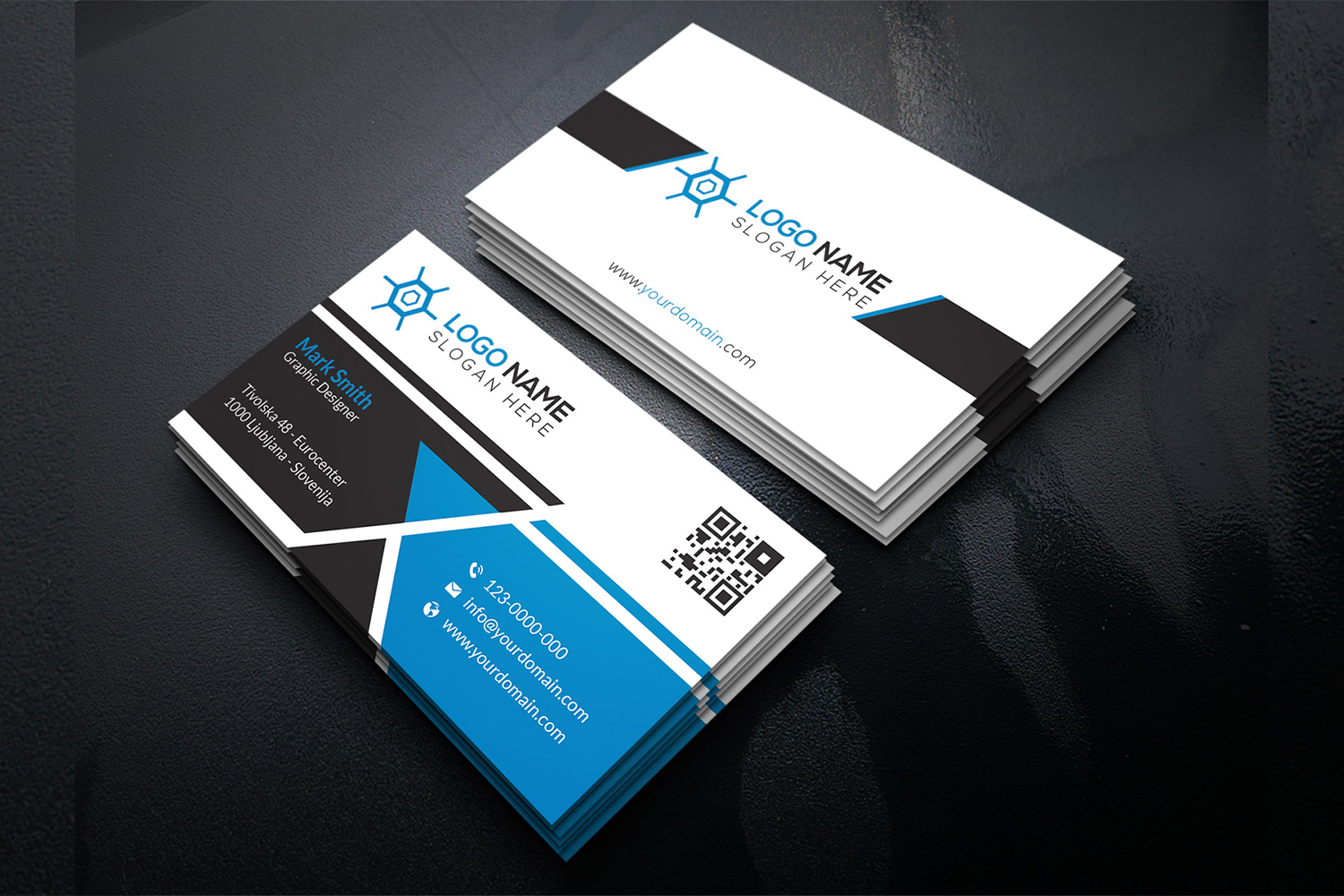 Three colored business cards with blue blocks.