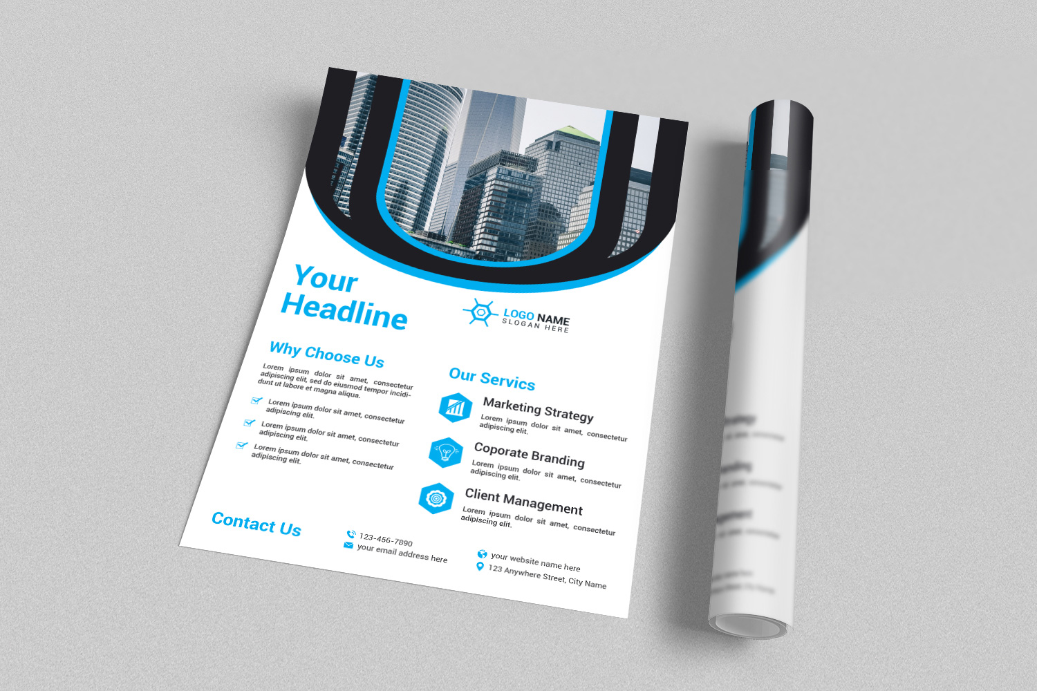 Business flyer with blue lines.