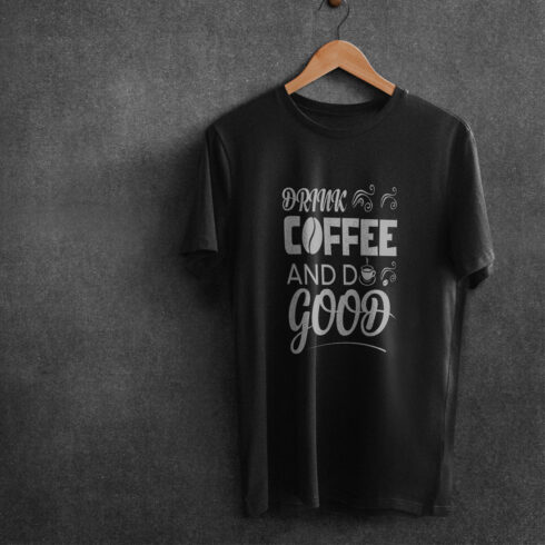Image of a black t-shirt with a beautiful print on the theme of coffee