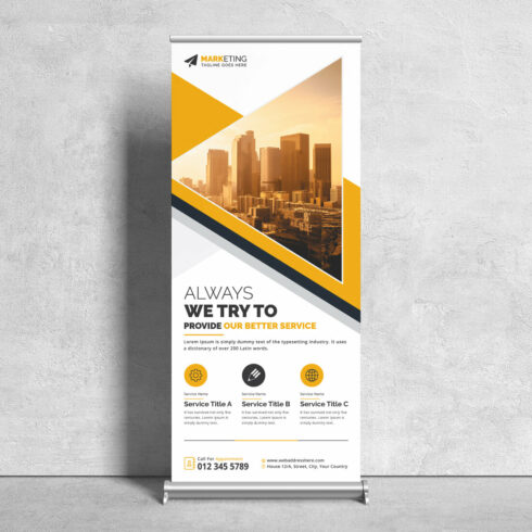 Image of corporate roll up banner in irresistible yellow design